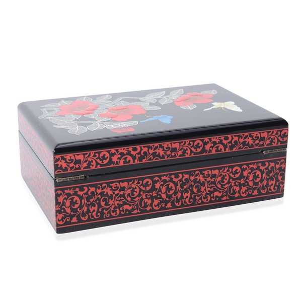 2 - Layer Chinese Lacquer Camellia Pattern Jewellery Box with Inside Mirror and Removable Tray (Size 21x14x7.5 Cm) - Black