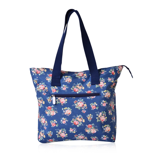 Multi Colour Floral Pattern Blue Tote Bag with External Zipper Pocket (Size 44x33x33x11 Cm)