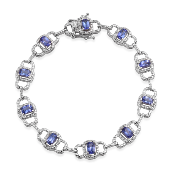Tanzanite (Cush), Diamond Bracelet (Size 8.25) in Platinum Overlay Sterling Silver 5.986 Ct.