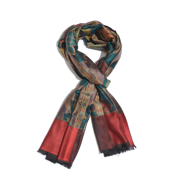 100% Superfine Modal Multi Colour Leaves Pattern Red and Green Colour Jacquard Scarf (Size 190x70 Cm)