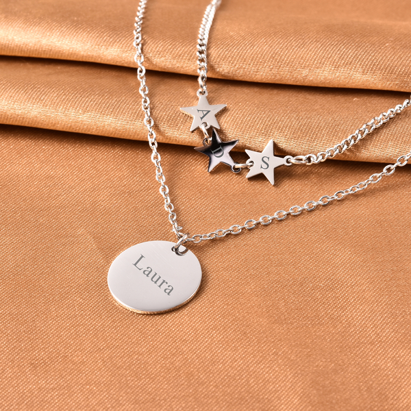Personalised Engravable Disc & Star Steel Necklace, Size 15+2 Inch, Stainless Steel