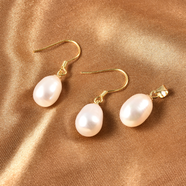 2 Piece Set - White Freshwater Pearl Pendant & Hook Earrings in Yellow Gold Overlay Sterling Silver