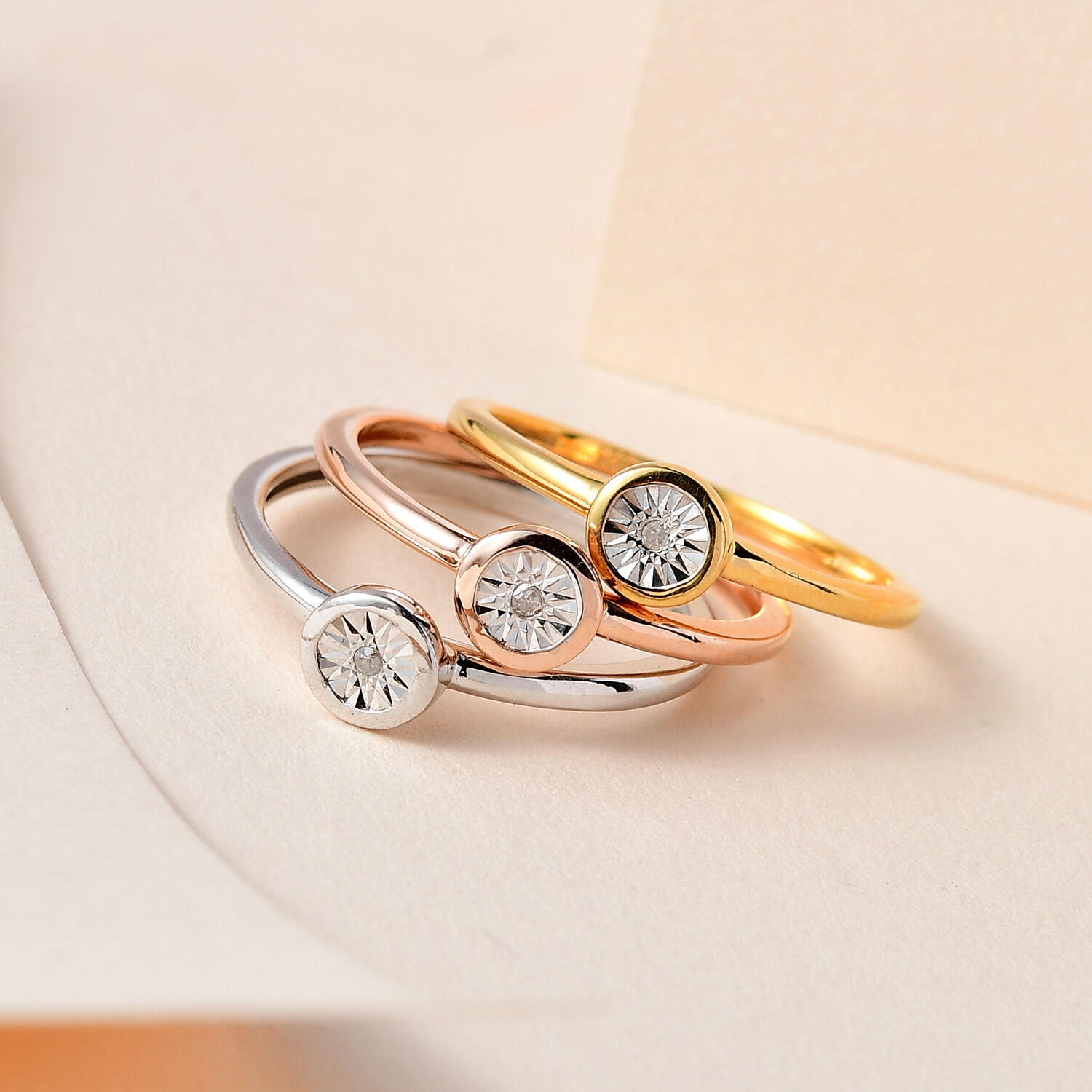 Set of 3 - Diamond Stackable Ring in Platinum Overlay and 18K Rose and Yellow Gold Vermeil Plated Sterling Silver 0.03 Ct.