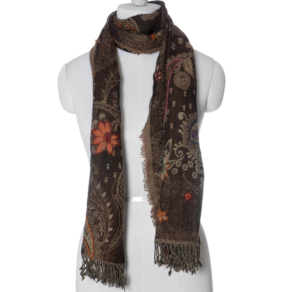Designer Inspired 100% Wool Embroidered Floral and Paisley Pattern Chocolate Colour Scarf (Size 70x180 Cm)