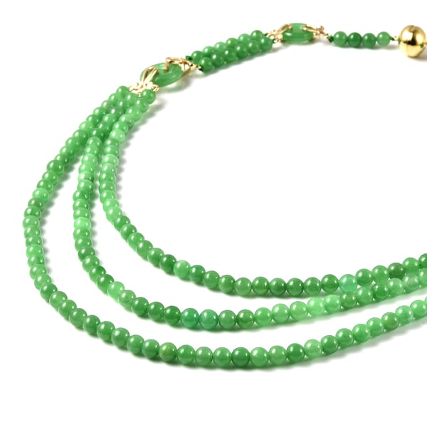 Green Jade Three Layer Beads Necklace (Size - 20) with Magnetic Lock in Yellow Gold Overlay Sterling Silver 367.91 Ct, Silver wt 5.00 Gms