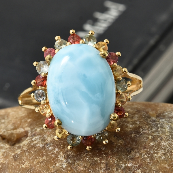 Larimar (Ovl 10.00 Ct), Multi Sapphire Ring in 14K Gold Overlay Sterling Silver 11.500 Ct