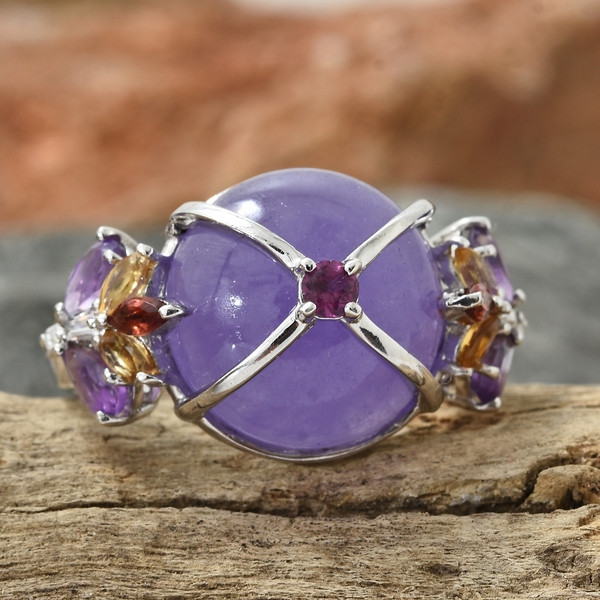 Purple Jade (Rnd), Amethyst, Rhodolite Garnet and Multi Gemstone Ring in Platinum Overlay Sterling Silver 14.500 Ct. Silver wt 6.50 Gms.