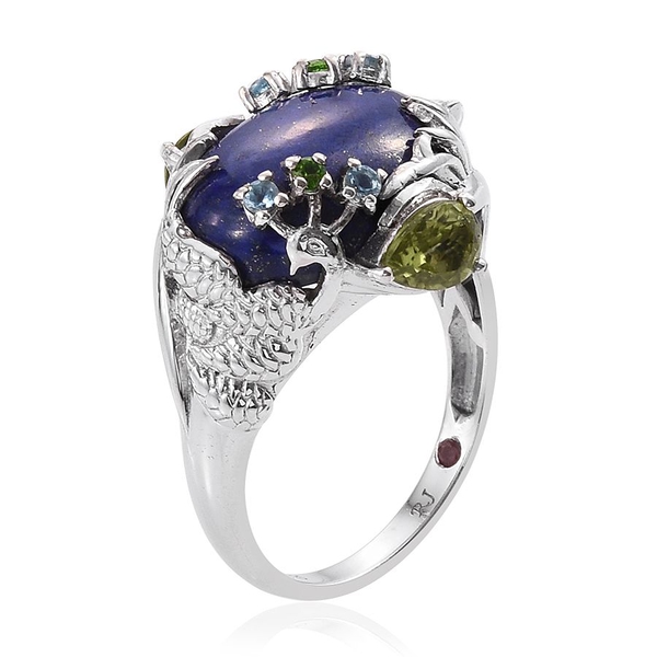Royal Jaipur Lapis Lazuli (Ovl 14.50 Ct), Hebei Peridot, Chrome Diopside, Electric Swiss Blue Topaz and Ruby Ring in Platinum Overlay Sterling Silver 16.000 Ct.