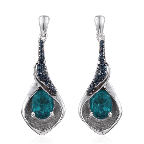 Capri Blue Quartz (Ovl), Blue Diamond Earrings (with Push Back) in Platinum Overlay Sterling Silver 