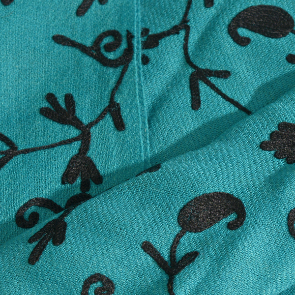100% Merino Wool Turquoise and Black Colour Paisley and Leaves Embroidered Scarf with Tassels (Size 180X68 Cm)
