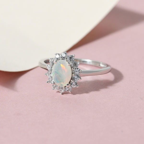 Ethiopian Welo Opal and Natural Cambodian Zircon Ring in Platinum Overlay Sterling Silver