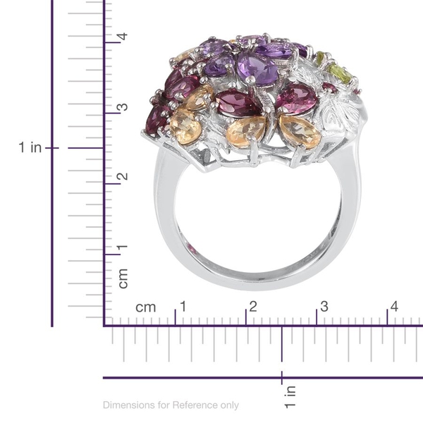 Stefy Rhodolite Garnet (Pear), Amethyst, Hebei Peridot, Citrine and Pink Sapphire Floral Ring in Platinum Overlay Sterling Silver 6.000 Ct.