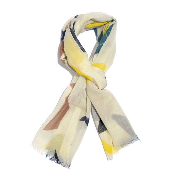 100% Merino Wool Yellow, Off White and Multi Colour Abstract Printed Scarf (Size 175X70 Cm)