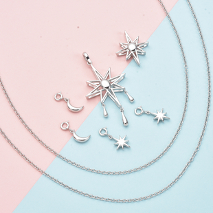 LUCYQ Constellation Collection- 7 in 1 Wear Rhodium Overlay Sterling Silver Moon & Star Necklace (Size 24) and Detachable Pendant With Chain (Size 15,16,17), Silver Wt. 20.30 Gms