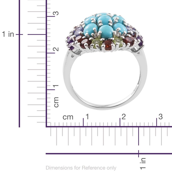 Arizona Sleeping Beauty Turquoise (Ovl), Tanzanite, Mozambique Garnet, Hebei Peridot, Amethyst and White Topaz Ring in Platinum Overlay Sterling Silver 6.250 Ct. Silver wt 5.30 Gms.