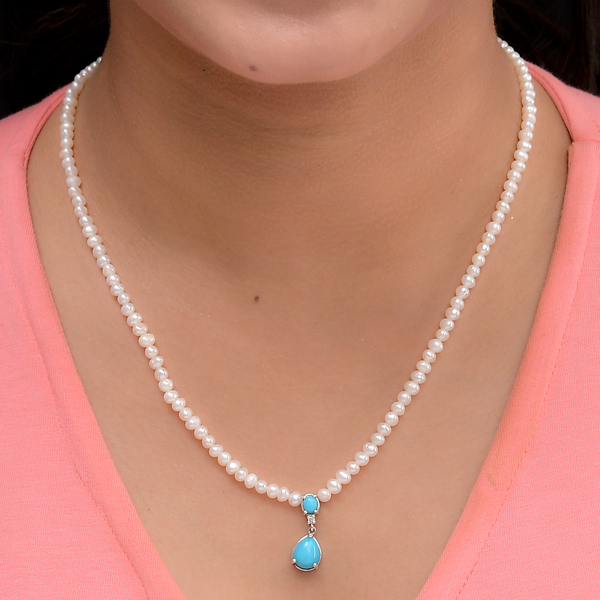 Arizona Sleeping Beauty Turquoise, Freshwater Pearl and Natural Cambodian Zircon Beads Necklace (Size - 18) in Platinum Overlay Sterling Silver 46.920 Ct