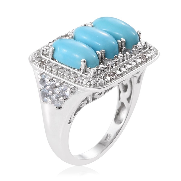 Arizona Sleeping Beauty Turquoise (Ovl), Sky Blue Topaz and Natural Cambodian Zircon Ring in Platinum Overlay Sterling Silver 4.250 Ct. Silver wt 5.74 Gms.