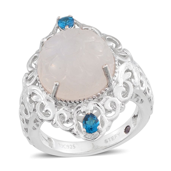 Stefy Rainbow Moonstone (Rnd 9.50 Ct), Malgache Neon Apatite and Pink Sapphire Ring in Platinum Over
