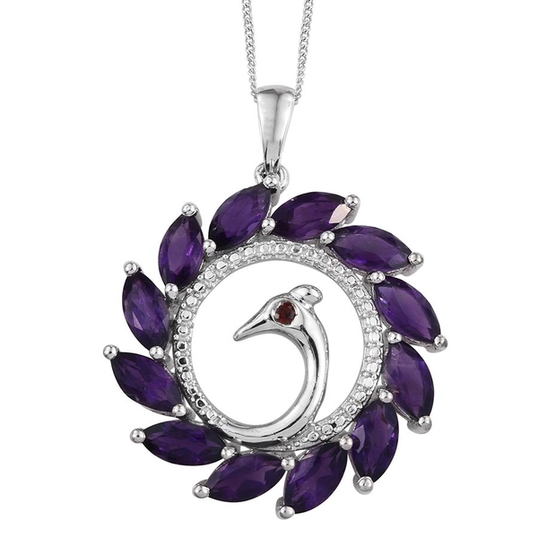 Amethyst (Mrq), Mozambique Garnet Peacock Pendant With Chain in Platinum Overlay Sterling Silver 6.5