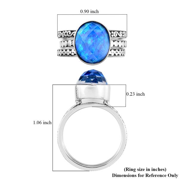 Sajen Silver Cultural Flair Collection- Set of 3 Quartz Doublet  Simulated Opal Blue Ring in Rhodium Overlay Sterling Silver 3.10 Ct, Silver Wt. 6.0 Gms