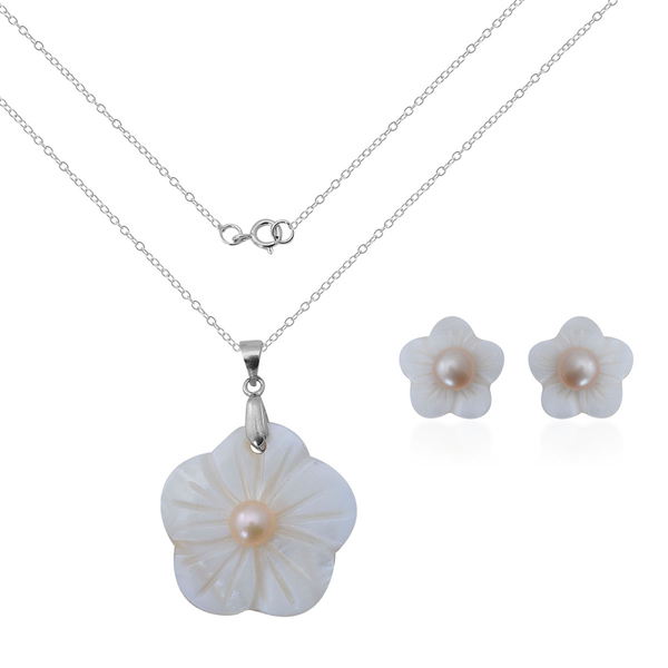 Fresh Water Peach Pearl and White Shell Floral Pendant With Chain (Size 18) and Earrings (with Push 
