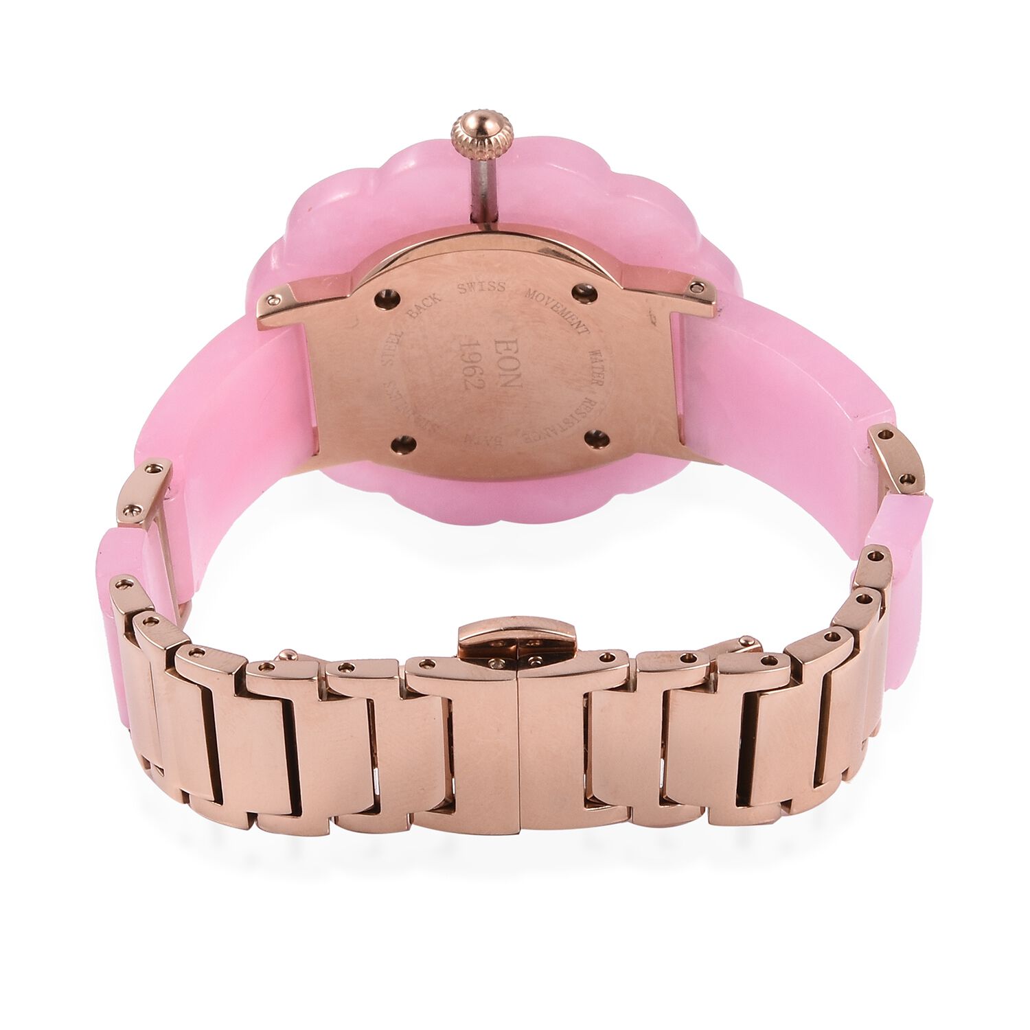 EON 1962 Carved Pink Jade MOP Swiss Movement Water Resistant Watch.Total Ct Wt 116 Cts