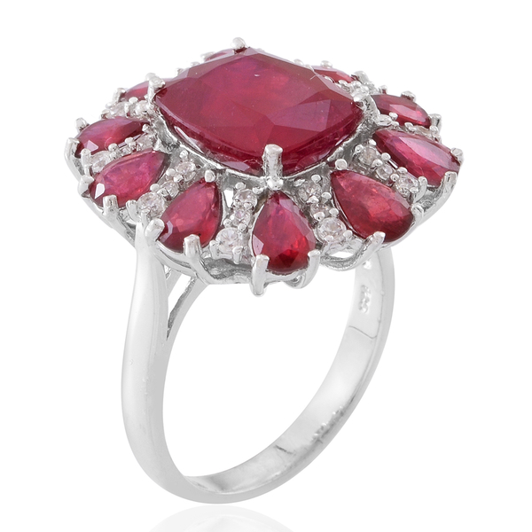 Red Carpet Collection- African Ruby (Cush 7.90 Ct), Natural White Cambodian Zircon Ring in Rhodium Plated Sterling Silver 14.000 Ct.