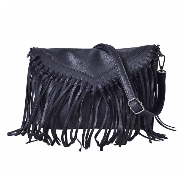 Black Colour Crossbody Bag with Tassels and Adjustable and Removable Shoulder Strap (Size 26x18 Cm)