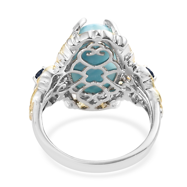 Larimar (Ovl 9.75 Ct), Kanchanaburi Blue Sapphire Ring in Platinum Overlay Sterling Silver 10.000 Ct. Silver wt 7.17 Gms.