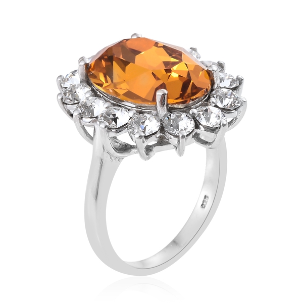 J Francis  - Imperial Topaz Colour Crystal (Ovl 18x13mm), White Crystal Ring in Platinum Overlay Sterling Silver,
