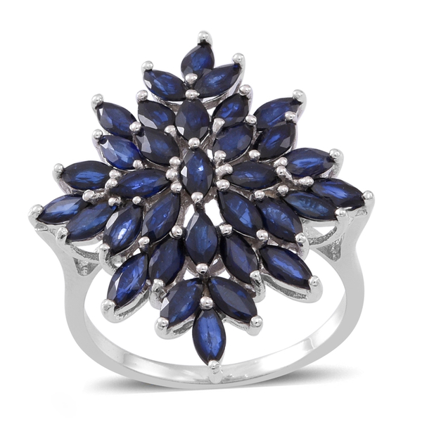 Kanchanaburi Blue Sapphire (Mrq) Cluster Ring in Rhodium Plated Sterling Silver 6.500 Ct. Silver wt 