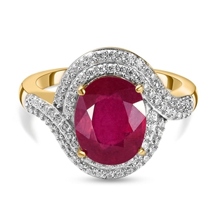 African Ruby and Moissanite Ring in Vermeil Yellow Gold Plated Sterling Silver 5.49 Ct.