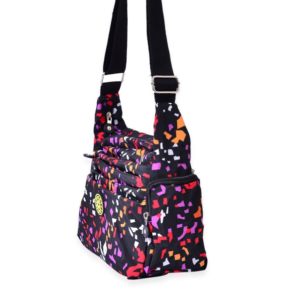 Black and Multi Colour Geometric Pattern Waterproof Sport Bag with External Zipper Pocket and Adjustable Shoulder Strap (Size 25x23x9 Cm)