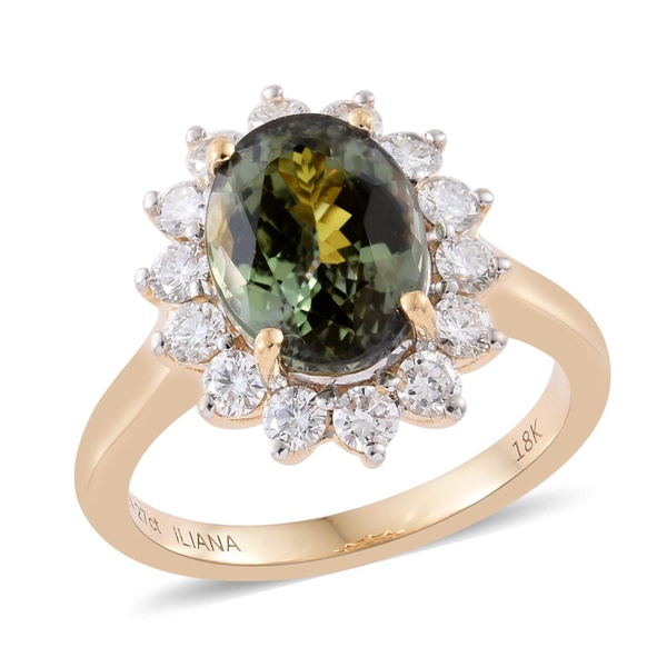 ILIANA 18K Yellow Gold 5 Carat Rare AAA Green Tanzanite Halo Ring with Diamond SI G-H