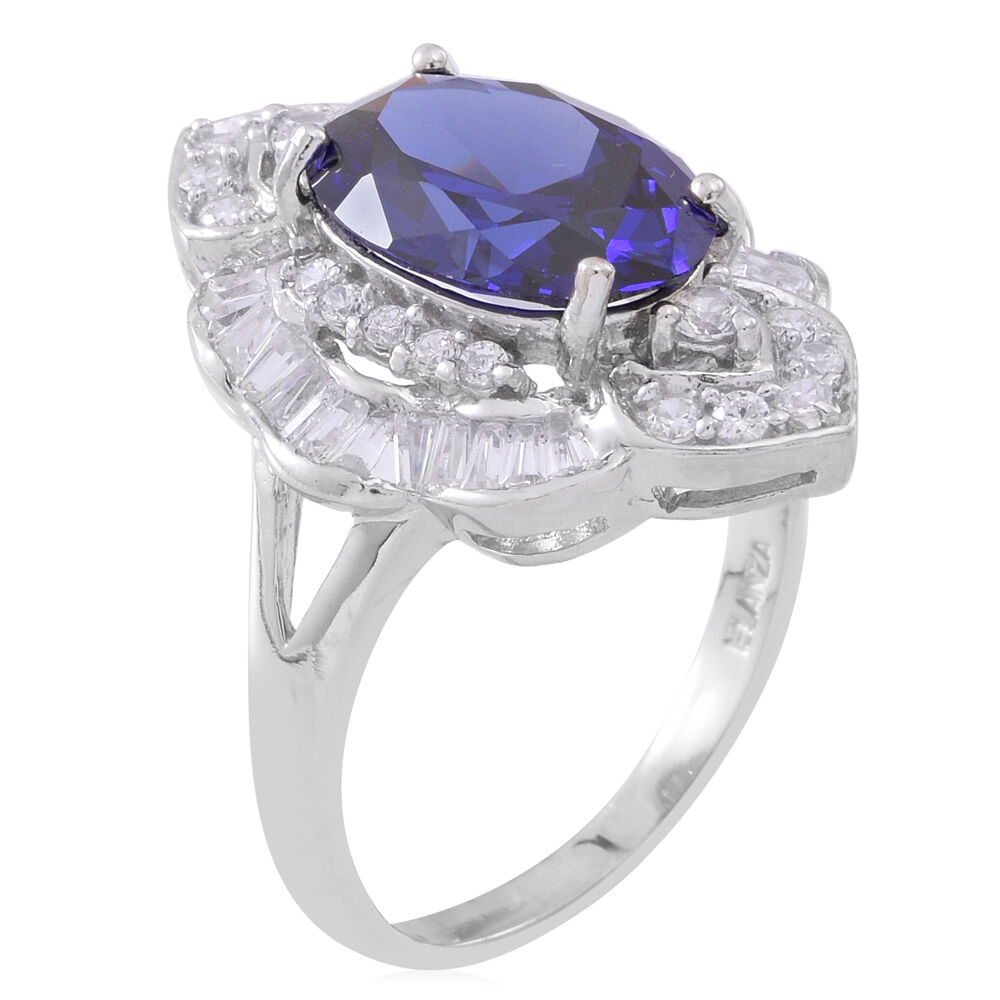 ELANZA Simulated Tanzanite (Ovl), Simulated White Diamond Ring in Rhodium Plated Sterling Silver
