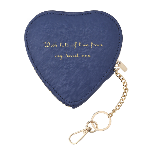 100% Genuine Leather Alphabet T Heart Shape Purse with Engraved Message on Back Side (Size 12x2x12Cm) - Navy