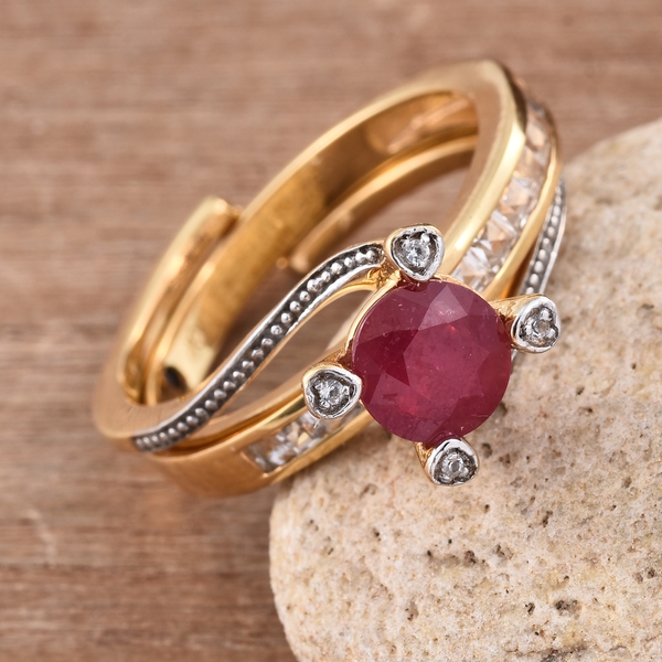 GP African Ruby (Rnd 1.62 Ct), White Topaz and Kanchanaburi Blue Sapphire 2 Ring Set in 14K Gold Overlay Sterling Silver 2.500 Ct. Silver wt 5.97 Gms.