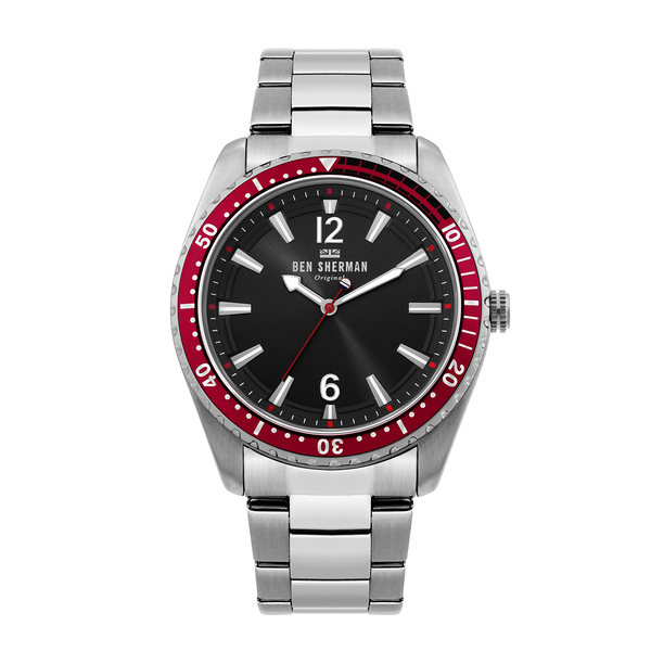Ben Sherman London Mens Black Dial with Red Bezel Case Watch with Chain Strap