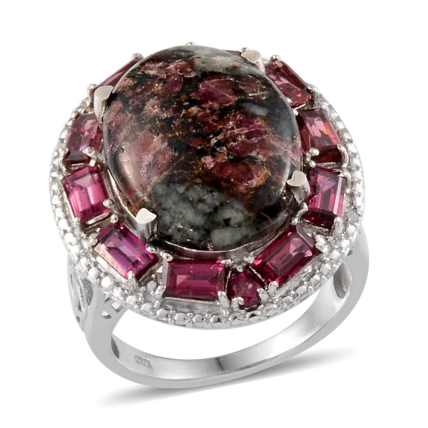 Natural  Eudialyte (Ovl 9.75 Ct), Rhodolite Garnet and Diamond Ring in Platinum Overlay Sterling Sil