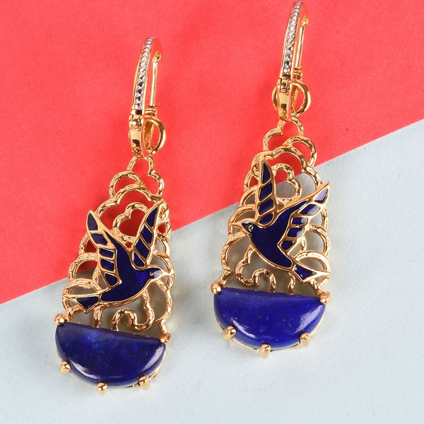 GP - Lapis Lazuli, Blue Sapphire Enamelled Bird Hoop Earrings (with Detachable Clasp) in 14K Gold Overlay Sterling Silver 12.250 Ct. Silver wt 10.44 Gms.
