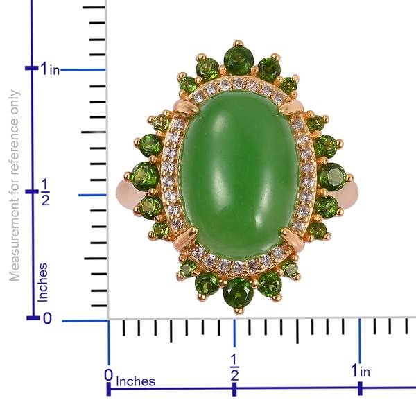 Green Jade (Ovl 7.00 Ct), Chrome Diopside and Natural White Cambodian Zircon Ring in Yellow Gold Overlay Sterling Silver 8.030 Ct. Silver wt 5.00 Gms.