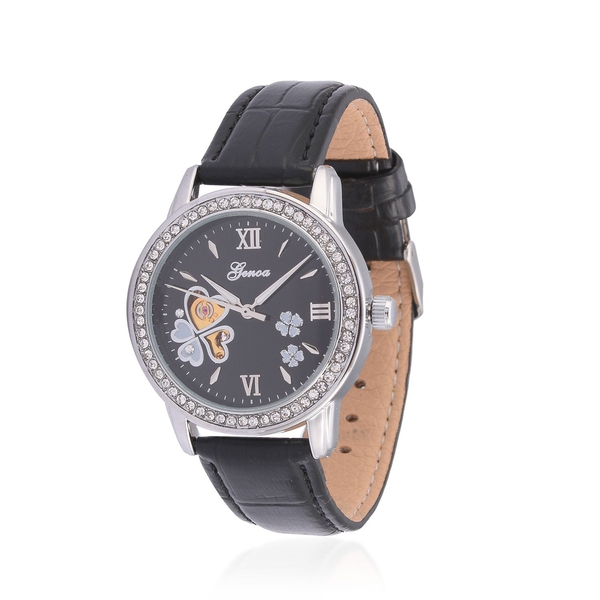 GENOA Automatic Skeleton White Austrian Crystal Studded MOP Floral Black Dial Water Resistant Watch 