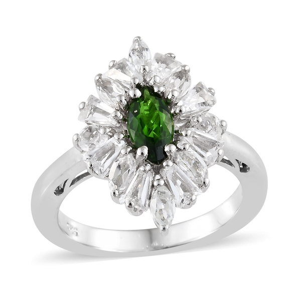 2.25 Ct  Diopside and White Topaz Halo Ring in Platinum Plated Silver