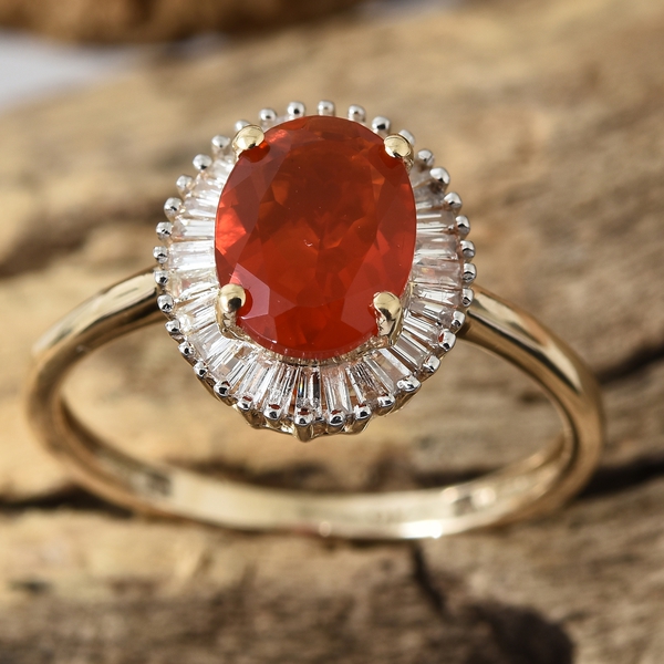One Time Deal- 9K Yellow Gold Jalisco AAA Fire Opal (Ovl8X6 mm) and Diamond Ring 1.000 Ct.