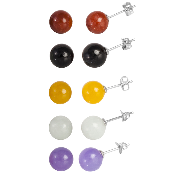 Set of 5 - Green Jade, Purple Jade, Yellow Jade, Black Jade and Red Jade Stud Earrings (with Push Ba