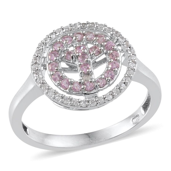 Pink Sapphire (Rnd), Natural Cambodian Zircon Symbol of Peace Ring in Platinum Overlay Sterling Silv