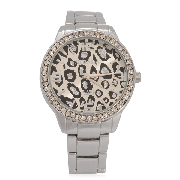 STRADA Japanese Movement Leopard Dial White Austrian Crystal Watch in Silver Tone Strap