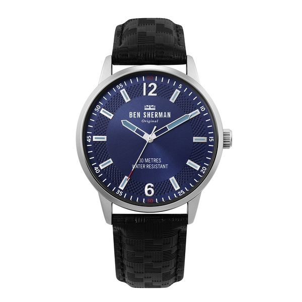 BEN SHERMAN Navy Blue Sunray Round Analog Watch with Black Leather Strap
