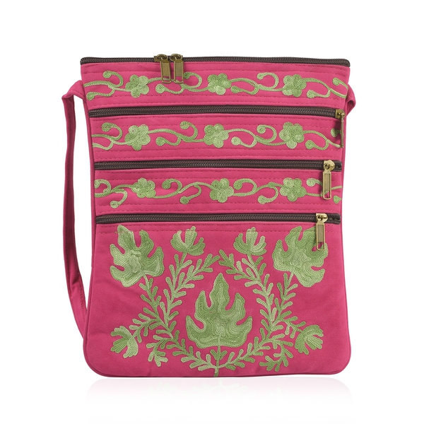 Green and Fuchsia Colour Hand Embroidered Floral and Leaves Pattern Sling Bag with External Zipper P