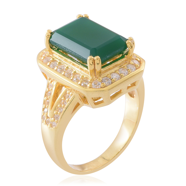 Verde Onyx (Oct 7.00 Ct), Natural White Cambodian Zircon Ring in 14K Gold Overlay Sterling Silver 8.250 Ct. Silver wt 7.50 Gms.
